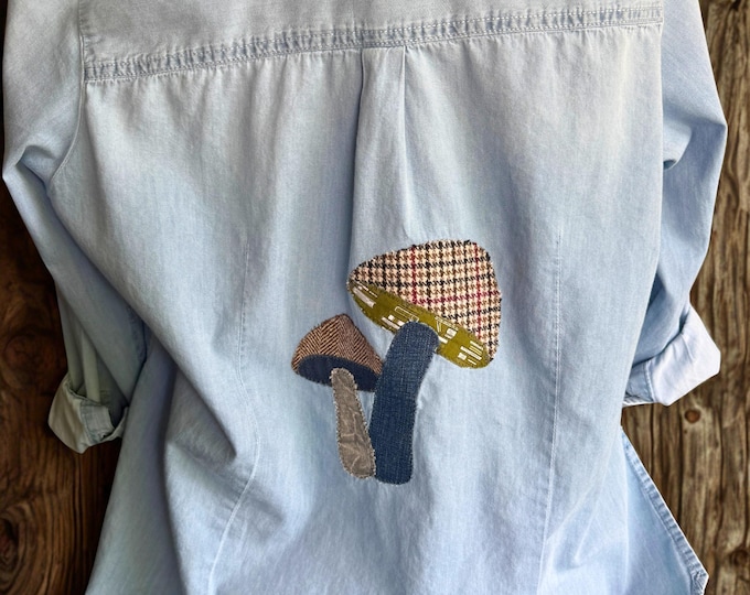 Upcycled Women's Shirt with Mushroom Applique, women's 1X