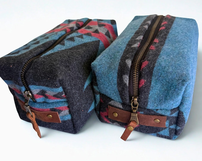 Handmade Wool Toiletry Bag: Southwest Pattern Dopp Kit with Waxed Canvas