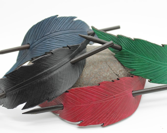 Leather Feather Hair Barrette: Handmade Boho Hair Pin with Wooden Stick