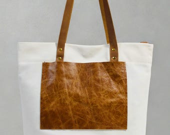 Handmade White Canvas & Leather Tote Bag: Small Market Tote, iPad Purse