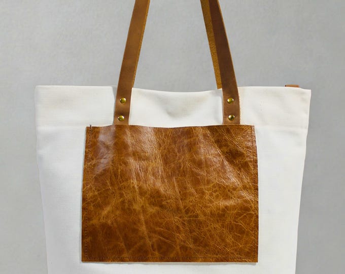 Handmade White Canvas & Leather Tote Bag: Small Market Tote, iPad Purse