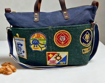 Vintage Blue Scout Wool and Waxed Canvas Crossbody Tote – Leather Strap, Handmade Purse, Heirloom Collection