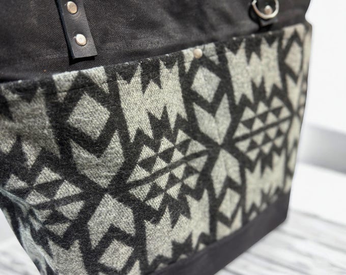 Waxed Canvas and Wool Aztec Pattern Market Tote Bag: Handmade Canvas Market Tote