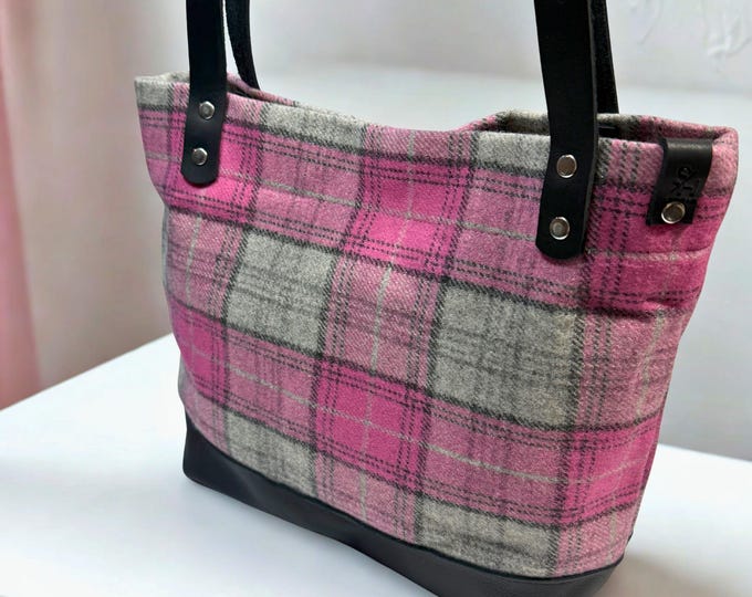 Pink and Gray Wool Tweed Plaid Handbag with Waxed Canvas & Leather Straps