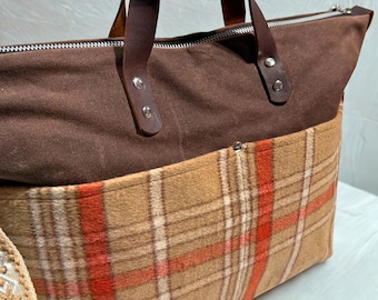 Rustic Brown Plaid Wool and Waxed Canvas Crossbody Tote – Leather Strap, Handmade Purse, Nancy Collection