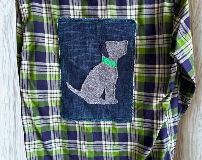 Upcycled Women’s Green Plaid Campfire Shirt – Puppy Appliqué – LARGE