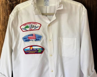 Upcycled White Dress Shirt with Vintage Scout Patches