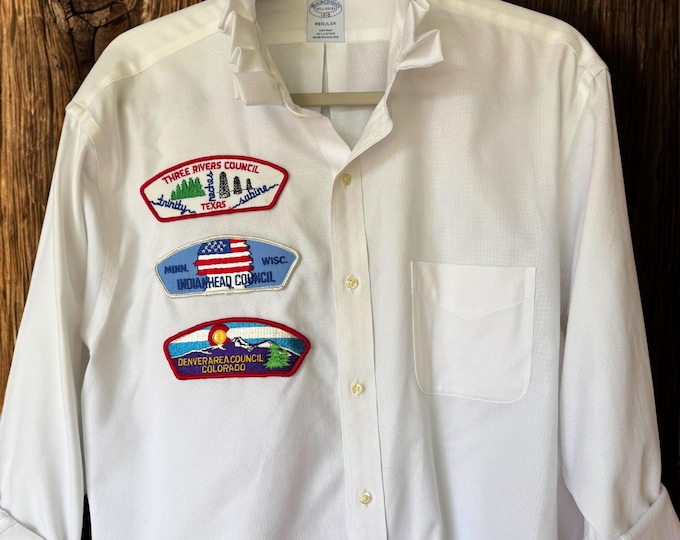 Upcycled White Dress Shirt with Vintage Scout Patches