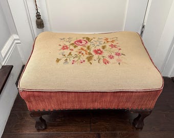 Vintage Ottoman Footstool with Velvet and Floral Needlepoint Cushion