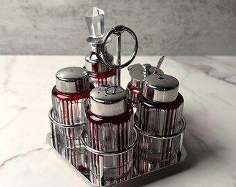 Set di oliere edoardiano - Vetro trasparente e rubino con contenitore cromato girevole