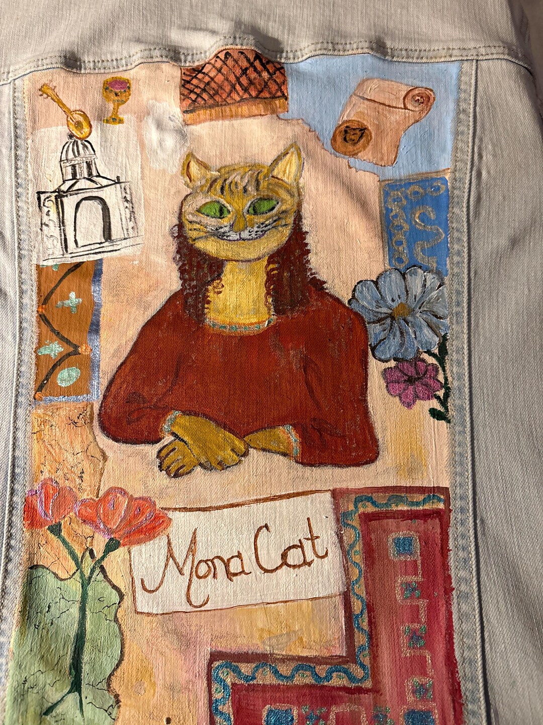 Hand-painted Mona Cat Denim Jacket – Upcycled Parody Art, Medium - Etsy