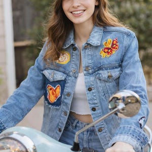 Levi’s Upcycled Denim Jacket – Butterfly Patchwork, Boho Jean Coat