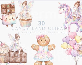 candy land clipart bundle watercolor sweets unicorn fairy gingerbread cupcake pastel candyland graphics png