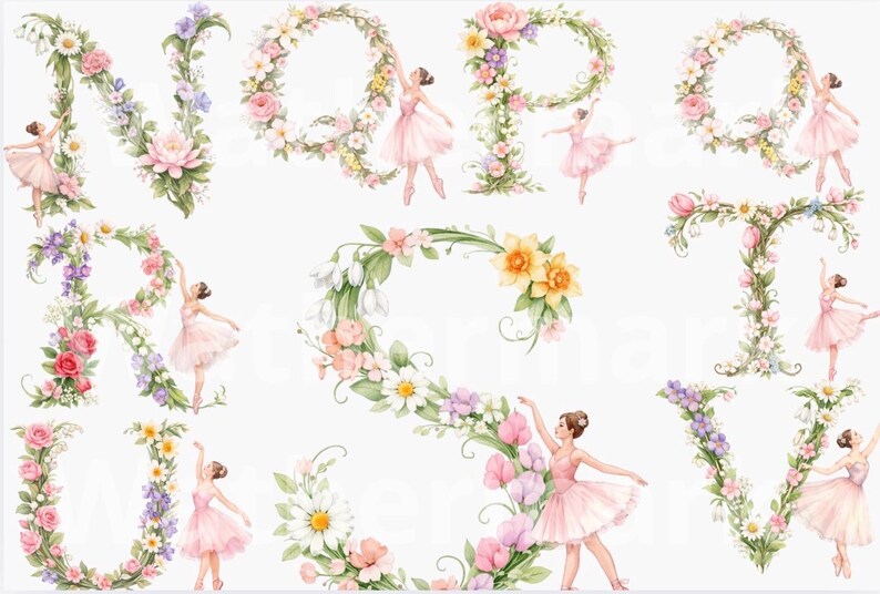 Floral Ballerina Alphabet Clipart PNG, Watercolor Flower Letter ...