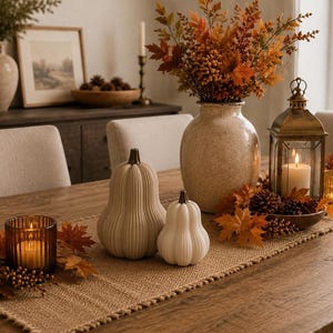 May include: A dining table centrepiece featuring two ribbed ceramic pumpkins in cream, a large speckled vase with autumn foliage, a metal lantern with a lit candle, a small amber glass candle holder, and a burlap runner with scattered pinecones.
