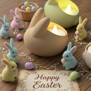 Set of 3-Japandi Easter Bunny Tealight Holder with Fuzzy Finish | Seasonal Decor & Gift