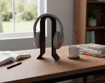 Peut inclure: Un casque gris est posé sur un support noir. Une tasse blanche de café est posée sur un dessous de verre en bois. Un livre ouvert et un stylo sont sur le bureau en bois. Une bibliothèque est en arrière-plan.