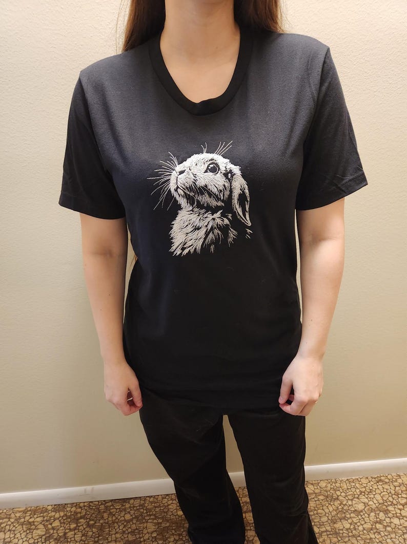Black Embroidered Bunny Rabbit T-Shirt or Hoodie - Whimsical Animal Design image 4