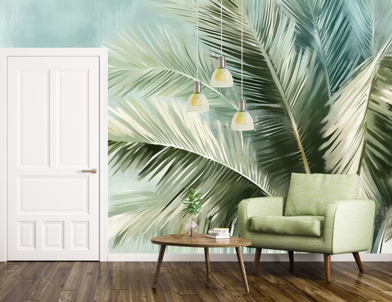 Sage Green Palm Leaf Mural, Soft Tropical Botanical Wall Art, Serene ...