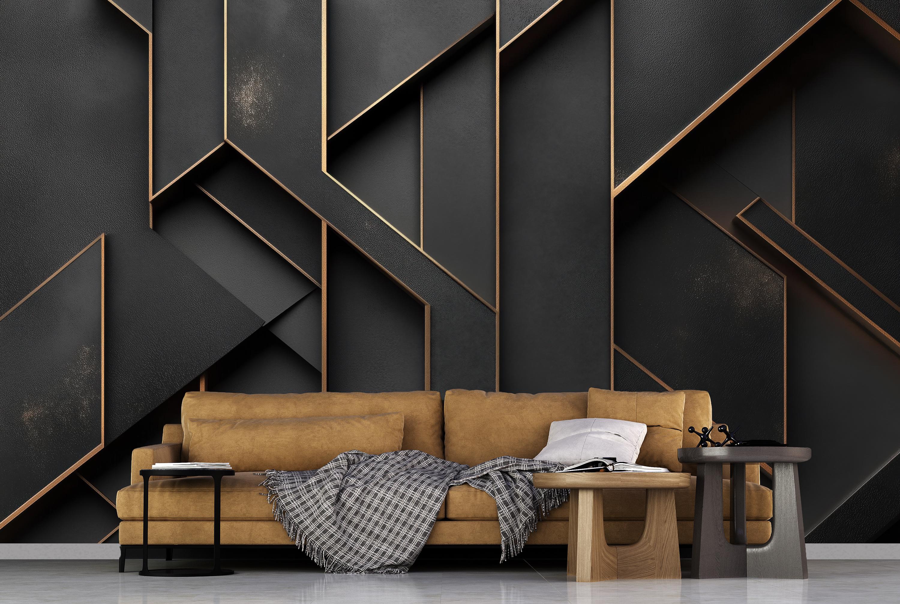 Black and Gold Geometric Mural, Luxury Modern Wall Art Design, Dark ...