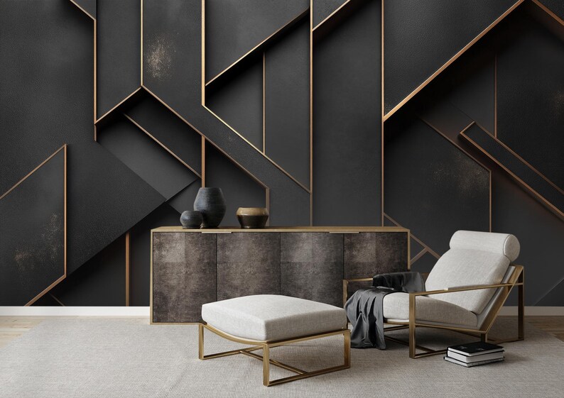 Black and Gold Geometric Mural, Luxury Modern Wall Art Design, Dark ...