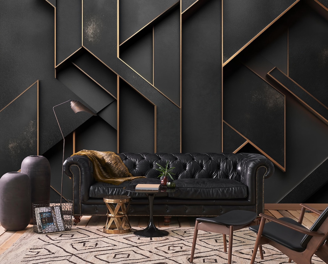 Black and Gold Geometric Mural, Luxury Modern Wall Art Design, Dark ...