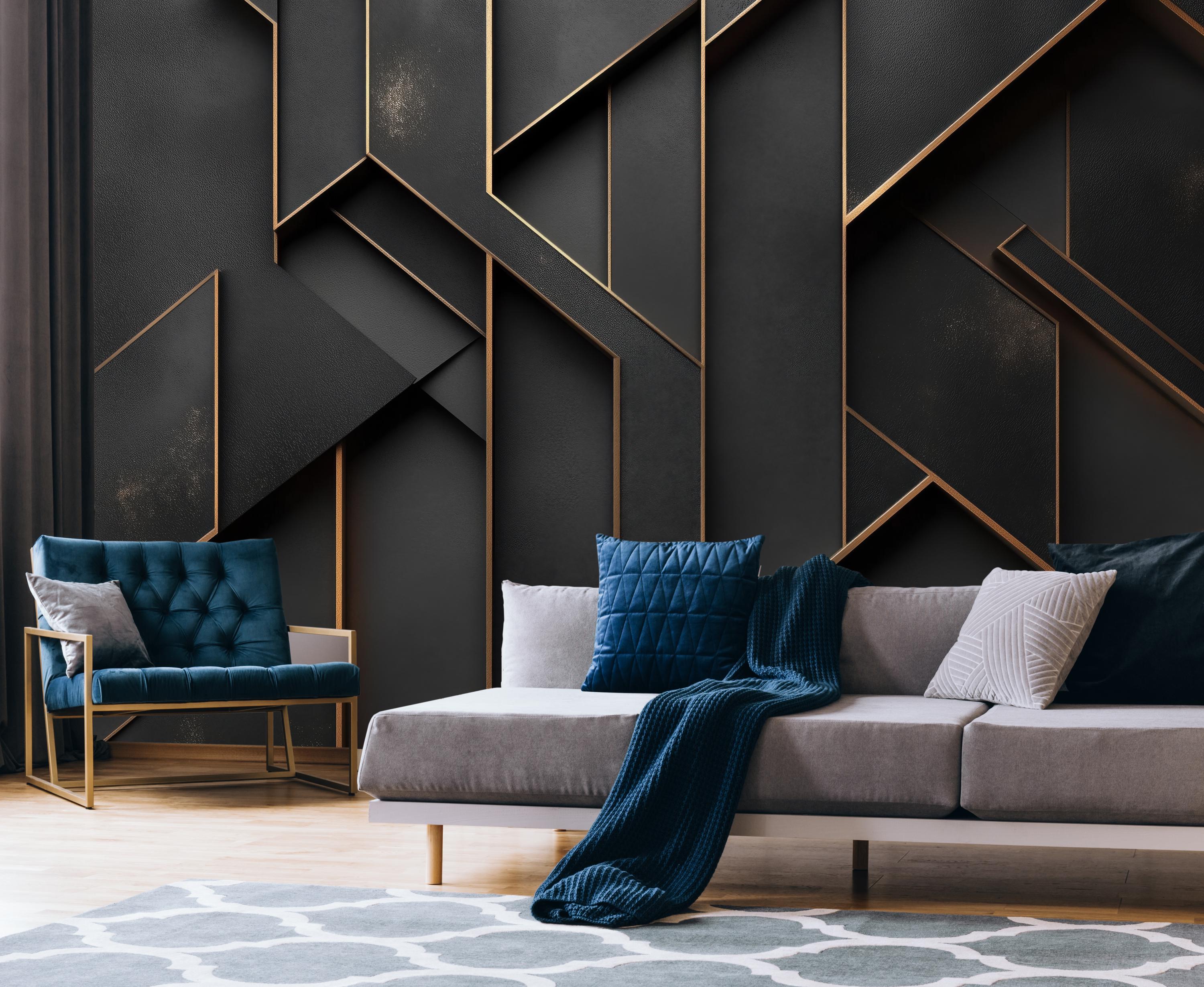 Black and Gold Geometric Mural, Luxury Modern Wall Art Design, Dark ...
