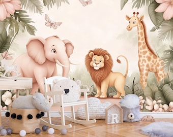 Safari Nursery Wallpaper Mural, Cute Jungle Animals Wall Art, Elephant Lion Giraffe Kids Room Decor, Neutral Baby Nursery Wallpaper