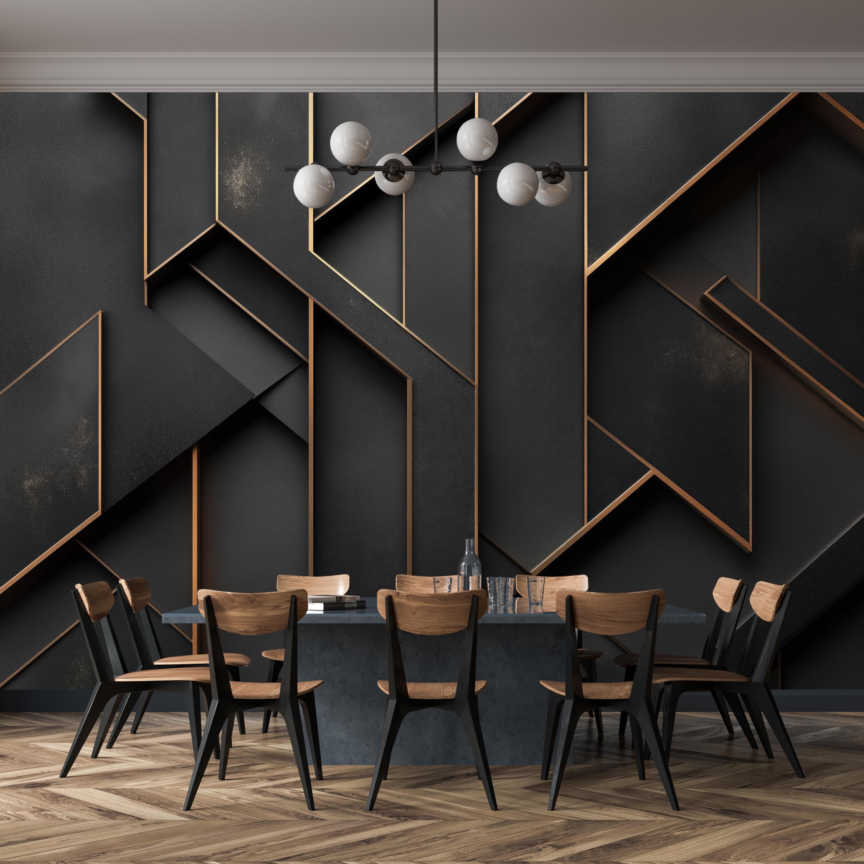 Black and Gold Geometric Mural, Luxury Modern Wall Art Design, Dark ...