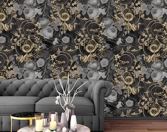 Dark Floral Baroque Wall Mural – Luxury Gold Scrollwork Vintage Wallpaper