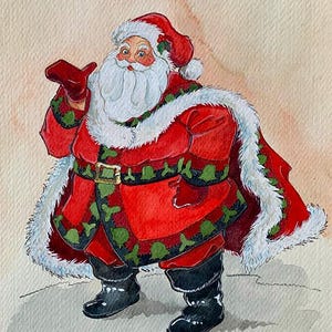 May include: Watercolor painting of Santa Claus in a red suit with white fur trim and a matching hat. Santa is wearing black boots and gloves, with a gold belt buckle. The illustration has a festive, vintage feel.