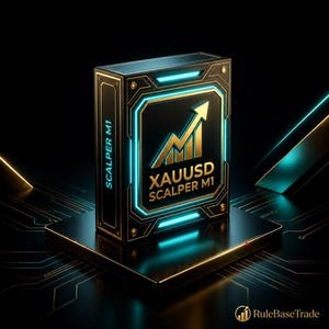 May include: A rectangular black box with gold trim and glowing cyan light accents. The front features a gold upward-trending bar graph icon with the text XAUUSD SCALPER M1. The side panel displays the text SCALPER M1 in a vertical orientation.
