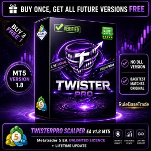 May include: A black rectangular software box labeled Twister Pro with a purple glowing tornado graphic and an upward arrow. Text includes MT5 Version 1.8, Verified, 5 Stars Rating, No DLL Version, Backtest Matches Original, and RuleBaseTrade.