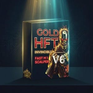 Peut inclure: Une boîte de produit rectangulaire noire avec le texte GOLD HFT INVINCIBLE FAST M1 SCALPER V6 en lettres rouges et dorées. La boîte présente un graphique d'une figure robotique métallique avec des yeux rouges brillants et des flammes.