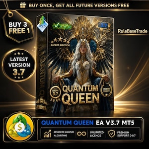 Peut inclure: Une boîte de logiciel rectangulaire pour Quantum Queen EA V3.7 MT5 présentant une illustration centrale d'une figure aux cheveux blancs en armure dorée et bleue avec des ailes. La boîte affiche du texte dont Expert Advisor et RuleBaseTrade.