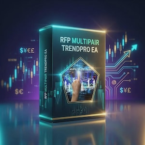 May include: A rectangular software box labeled RFP MULTIPAIR TRENDPRO EA with a glowing pentagonal window showing a hand pointing at a digital chart. The dark blue packaging features neon light accents, currency symbols, and rising financial graphs.