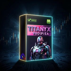 May include: A rectangular black box featuring the text TITANYX PRO(P) EA in bold purple letters. The box displays a green verified checkmark, a five-star rating icon, and a metallic robotic figure with glowing purple accents on the front panel.