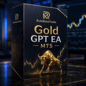 Può includere: Una scatola rettangolare nera con il testo dorato RuleBaseTrade, Gold GPT EA e MT5. La scatola presenta una figura di toro in oro metallizzato e un grafico a candele dorato su uno sfondo scuro con sottili motivi di circuiti stampati.