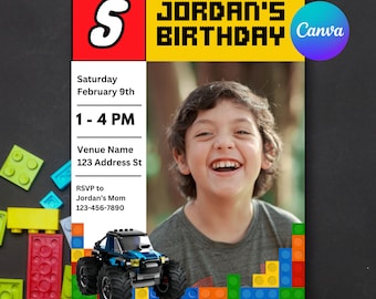 Plantilla de invitación de cumpleaños infantil con bloques de construcción, plantilla editable de Canva (descarga digital e imprimible)