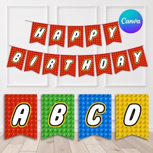 Puede incluir: Un conjunto de banderines festivos rojos, verdes, azules y amarillos con las palabras "HAPPY BIRTHDAY" en letras blancas. El diseño imita bloques de construcción de juguetes, ideal para una fiesta de cumpleaños. El logotipo de Canva es visible en la esquina superior derecha.