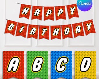 Building Block Birthday Banner, Editable Party Decor (Digital Download Printable Canva Template)