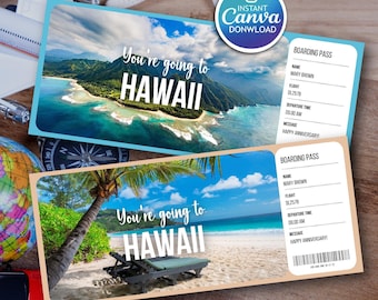 Überraschung Hawaii Urlaub Reiseticket Vorlage, bearbeitbare Geschenk Bordkarte (Canva Digital)