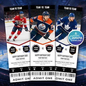 May include: Three hockey game tickets with images of players in action. Each ticket features the text "TEAM VS TEAM" and "HAPPY BIRTHDAY DAD! FROM YOUR KIDS." Includes date, time, and location details. The tickets are designed for instant download.