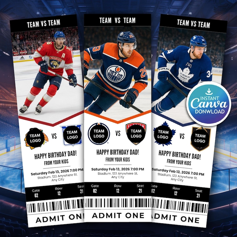 Puede incluir: Tres entradas para partidos de hockey con jugadores en acci&oacute;n. Cada entrada muestra "TEAM VS TEAM" y "HAPPY BIRTHDAY DAD! FROM YOUR KIDS." Incluye fecha, hora y lugar. Entradas para descarga instant&aacute;nea.