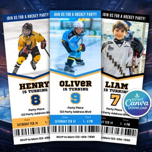 May include: Hockey party invitations with three young hockey players. Each invitation displays a name, age, and jersey colour. The invitations include the text "Join us for a hockey party!" and "Instant Canva Download."