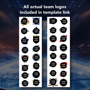 Puede incluir: Gr&aacute;fico con m&uacute;ltiples logotipos de equipos, cada uno dentro de un c&iacute;rculo negro. El texto "All actual team logos included in template link" est&aacute; en la parte superior. Los logotipos son de varias formas y colores, para productos deportivos.