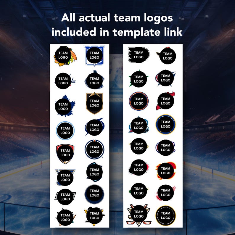 Puede incluir: Gr&aacute;fico con m&uacute;ltiples logotipos de equipos, cada uno dentro de un c&iacute;rculo negro. El texto "All actual team logos included in template link" est&aacute; en la parte superior. Los logotipos son de varias formas y colores, para productos deportivos.