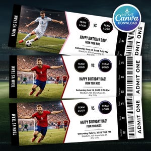 Puede incluir: Entradas de cumpleaños con temática de fútbol con un fondo de estadio. Las entradas dicen "¡Feliz Cumpleaños Papá!" e incluyen logotipos de equipos, fecha, hora y detalles de la ubicación. El diseño presenta jugadores de fútbol en acción.
