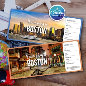 May include: Two boarding pass designs with Boston cityscapes. One pass is blue with a skyline view, the other is orange with a street scene. Both say "You're going to Boston" and include "Happy Anniversary!"