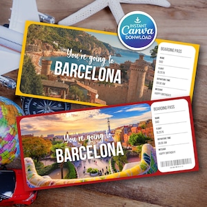 以下が含まれることがあります： 「You're going to BARCELONA」のテキストが入った2つの搭乗券のデザイン。1つは海岸の画像が入った黄色、もう1つは街の景色が入った赤色です。どちらも「BOARDING PASS」の詳細と「HAPPY BIRTHDAY！」のメッセージが含まれています。